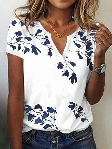 Casual Short Sleeve Notched Floral Loose Regular T-Shirt