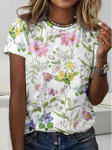 Casual Short Sleeve Crew Neck Floral Loose Regular T-Shirt