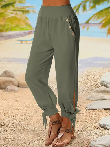 Casual Plain Buckle Loose Ankle Pants
