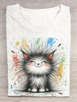Casual Short Sleeve Crew Neck Cat Loose Regular T-Shirt