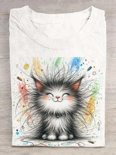 Casual Short Sleeve Crew Neck Cat Loose Regular T-Shirt