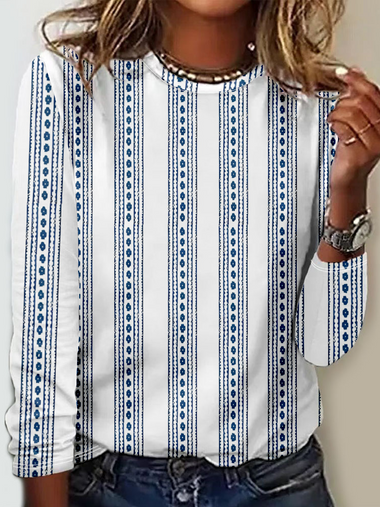 Casual Long Sleeve Crew Neck Ethnic Loose Regular T-Shirt