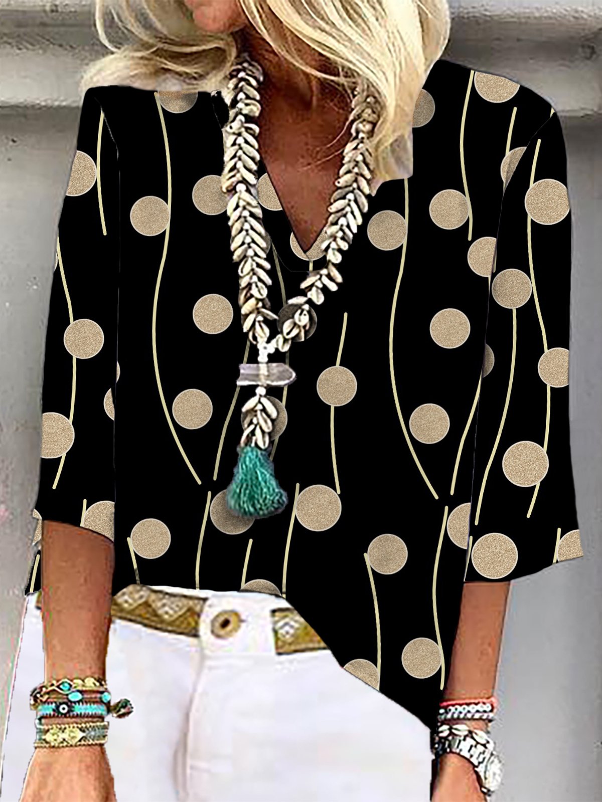Casual Three Quarter Sleeve V Neck Striped Loose Regular Blouse