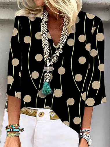 Casual Three Quarter Sleeve V Neck Striped Loose Regular Blouse