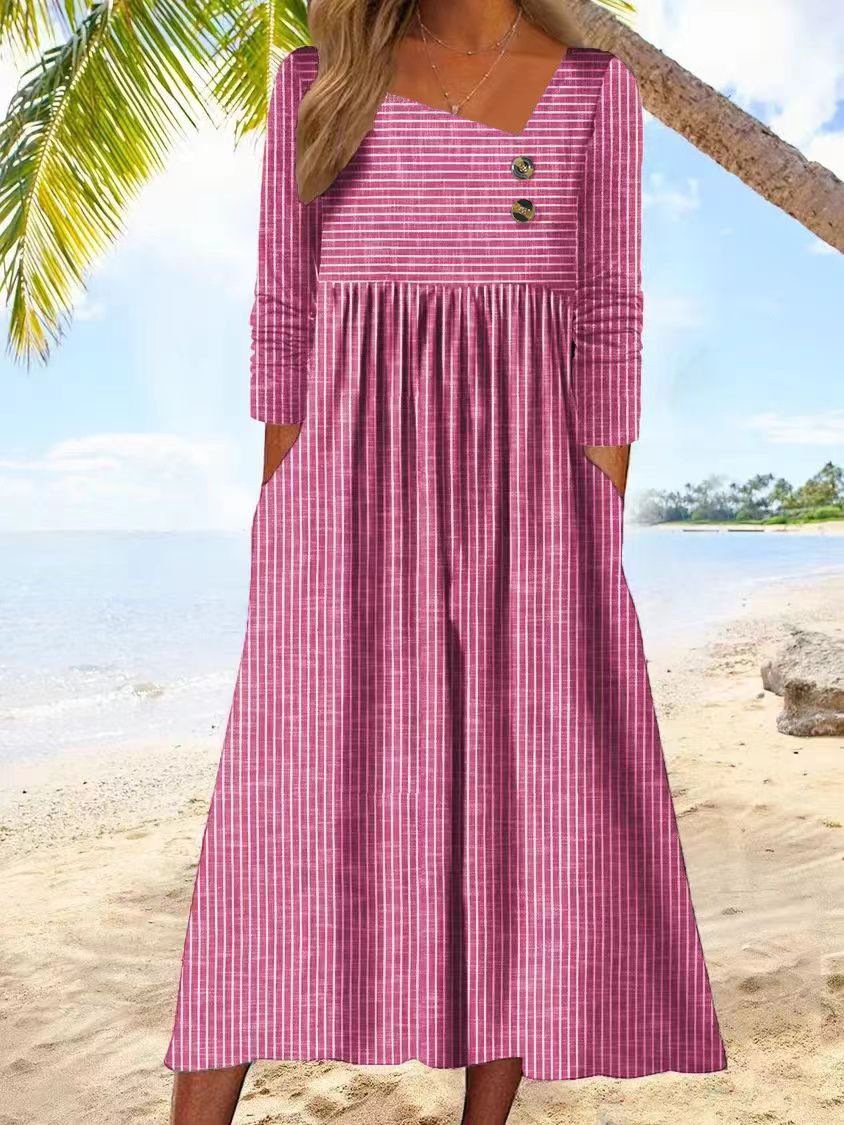 Casual Long Sleeve Asymmetrical Striped Maxi Dress