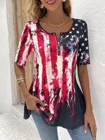 Loose Short Sleeve Crew Neck America Flag Zipper Casual Mid-Long Blouse