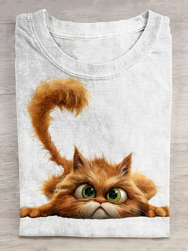 Loose Long Sleeve Crew Neck Cat Casual Regular T-Shirt