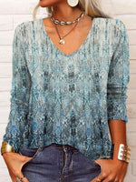 Loose Long Sleeve V Neck Ethnic Casual Regular T-Shirt