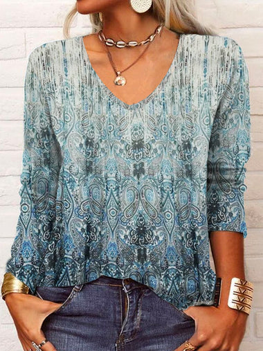 Loose Long Sleeve V Neck Ethnic Casual Regular T-Shirt