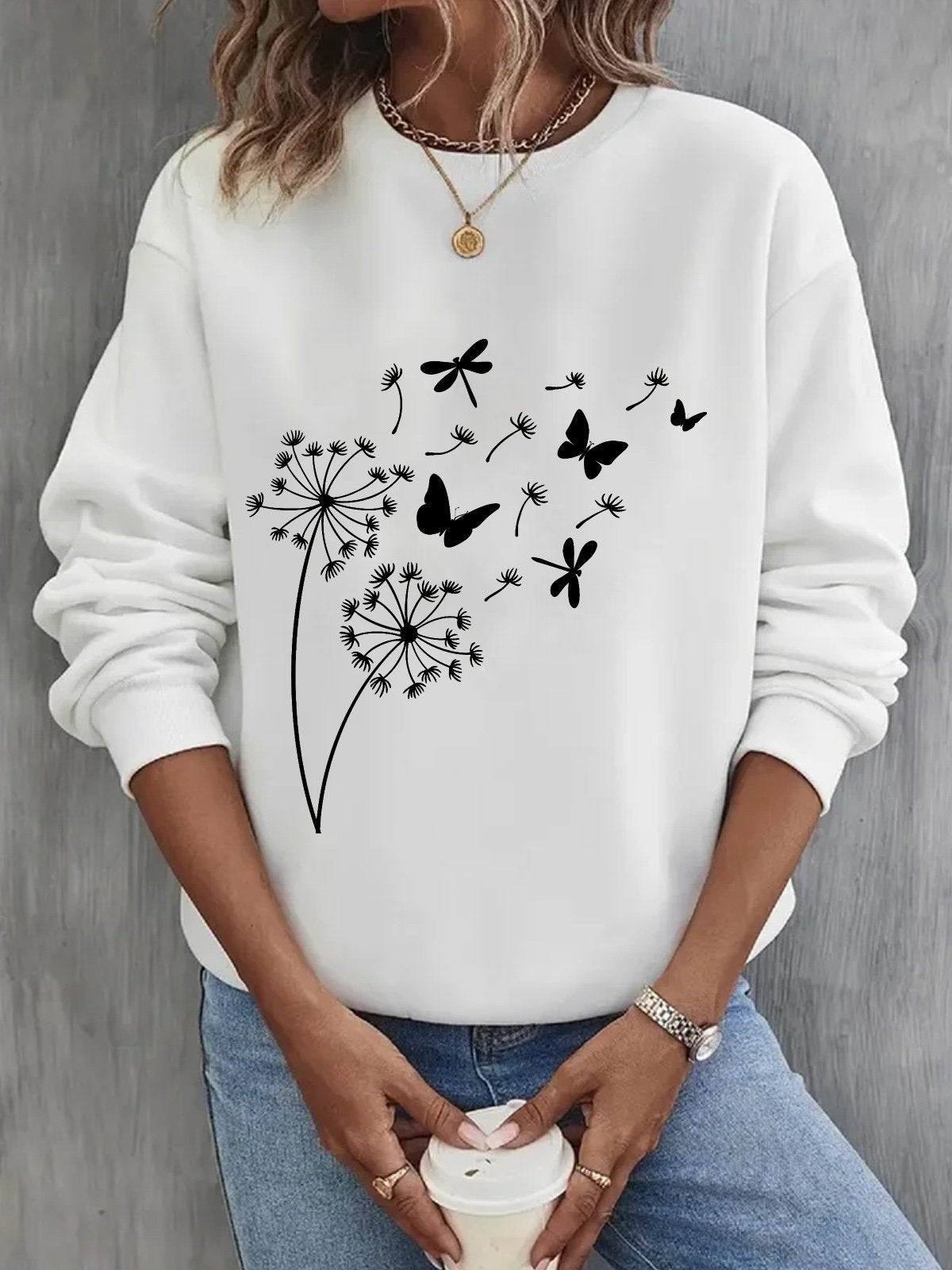Loose Long Sleeve Crew Neck Dandelion Casual Regular Sweatshirt