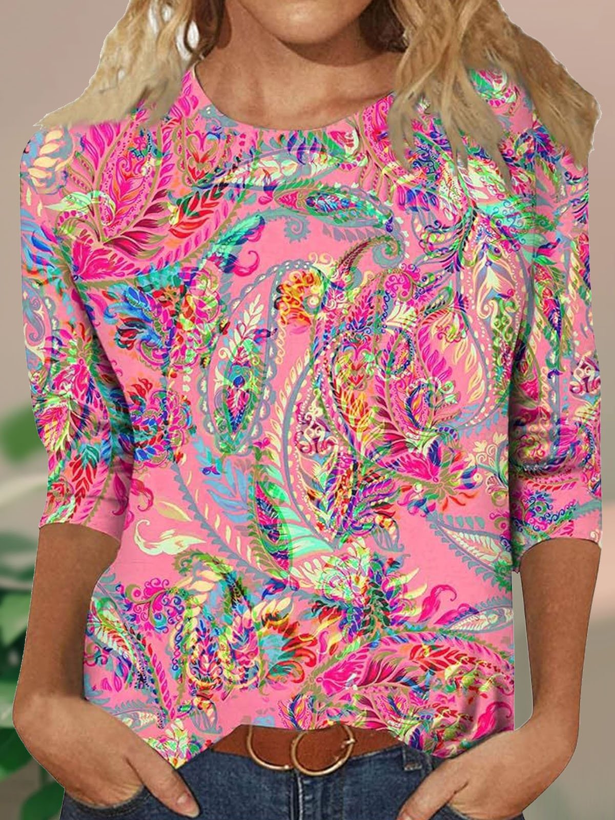 Casual Three Quarter Sleeve Crew Neck Ethnic Loose Regular T-Shirt