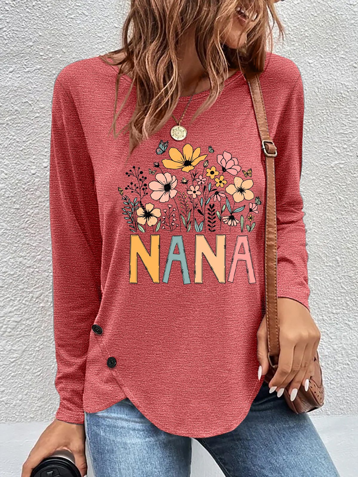 Casual Long Sleeve Crew Neck Letter Pattern Floral Irregular Craftsmanship Loose Regular T-Shirt