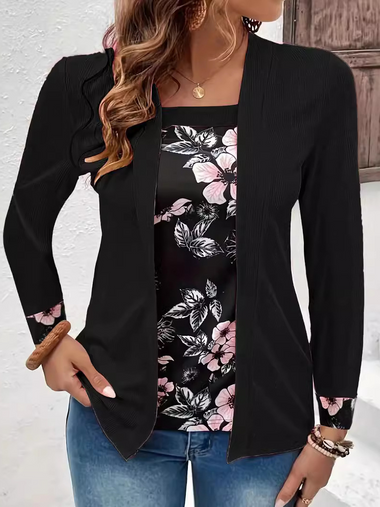 Casual Long Sleeve Square Neck Floral Loose Regular Blouse