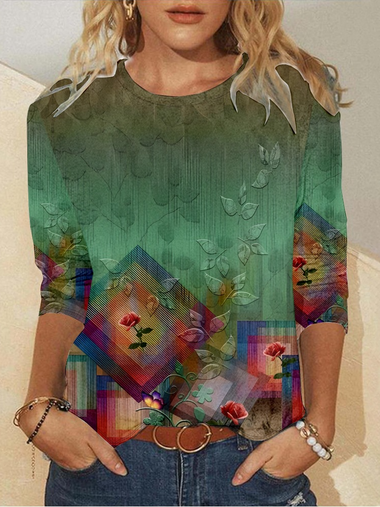 Casual Long Sleeve Crew Neck Ethnic Loose Regular T-Shirt