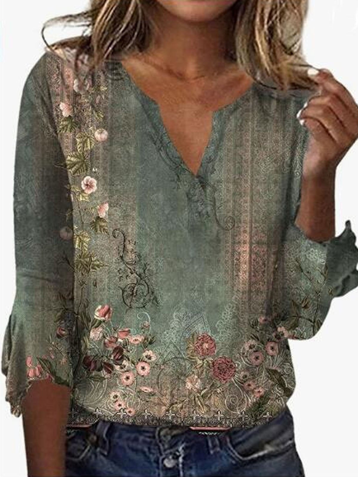 Casual Three Quarter Sleeve V Neck Floral Loose Regular T-Shirt
