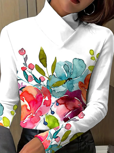 Casual Turtleneck Floral Regular Blouse
