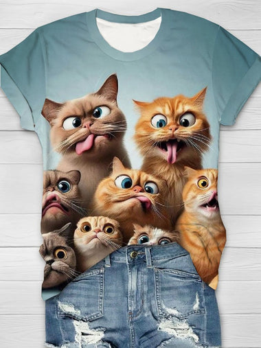 Loose Short Sleeve Crew Neck Cat Casual Regular T-Shirt