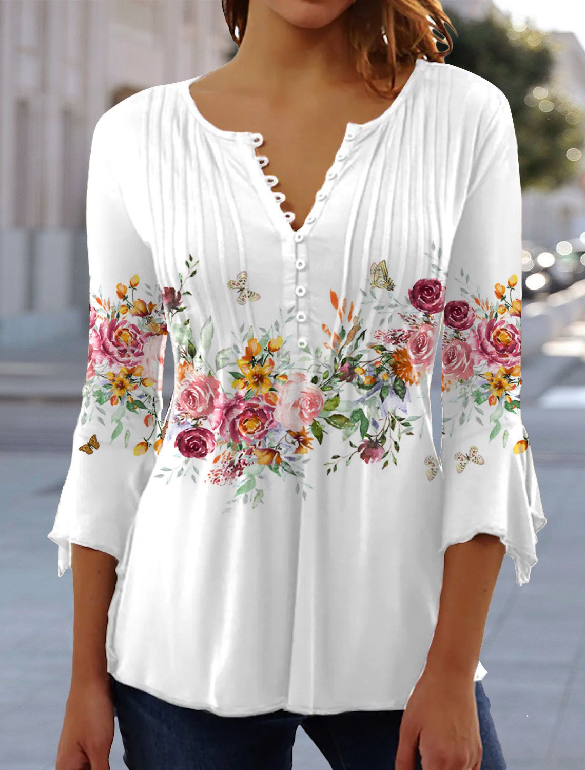 Three Quarter Sleeve V Neck Floral Pattern Casual Mid-Long Blouse