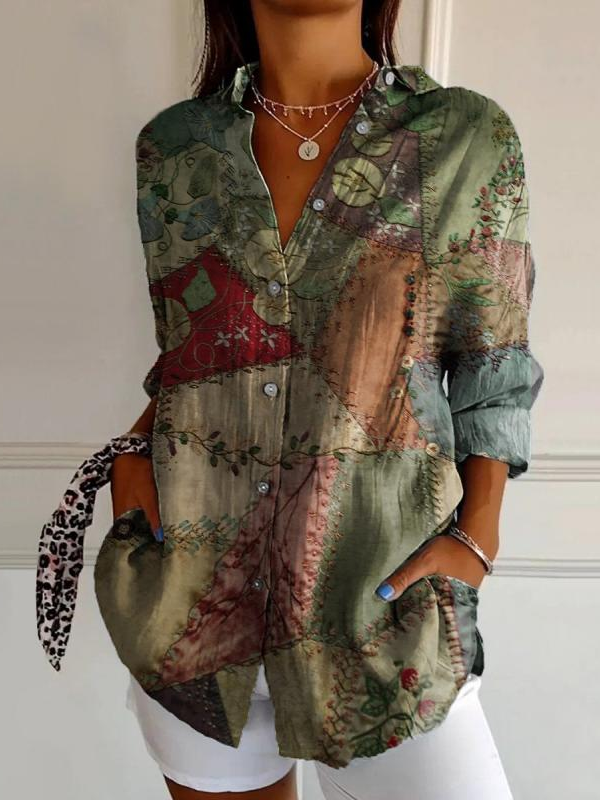 Casual Long Sleeve Shirt Collar Ethnic Geometry Loose Regular Shirt