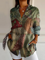 Casual Long Sleeve Shirt Collar Ethnic Geometry Loose Regular Shirt