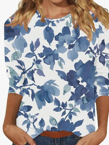Casual Long Sleeve Crew Neck Floral Loose Regular Blouse