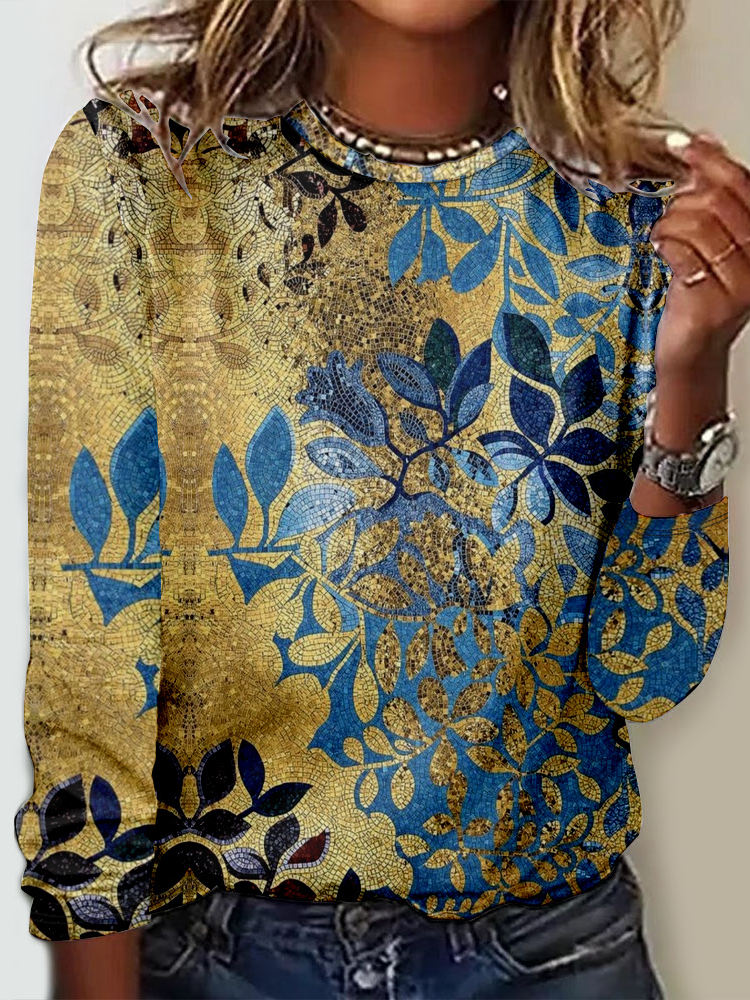 Casual Long Sleeve Crew Neck Floral Loose Regular T-Shirt