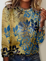 Casual Long Sleeve Crew Neck Floral Loose Regular T-Shirt