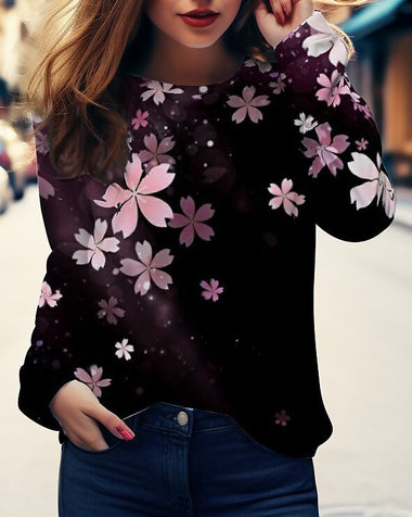 Casual Long Sleeve Crew Neck Floral Butterfly Loose Regular T-Shirt