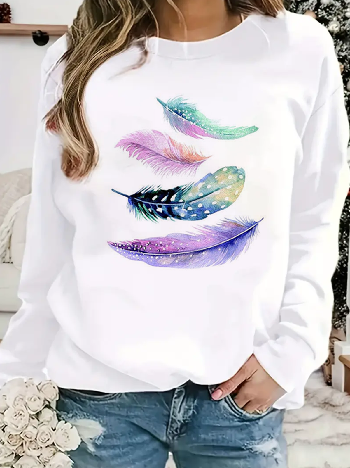 Casual Long Sleeve Crew Neck Feather Loose Regular Sweatshirt