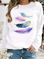 Casual Long Sleeve Crew Neck Feather Loose Regular Sweatshirt