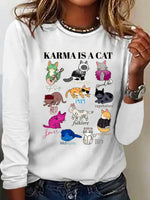 Loose Long Sleeve Crew Neck Cat Casual Regular T-Shirt
