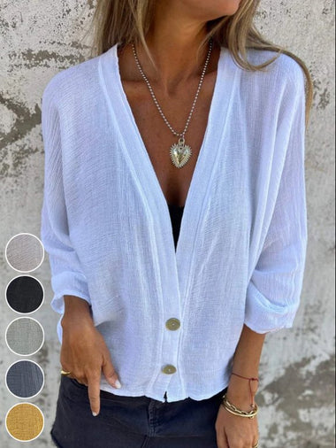 Loose Long Sleeve V Neck Plain Casual Regular Blouse