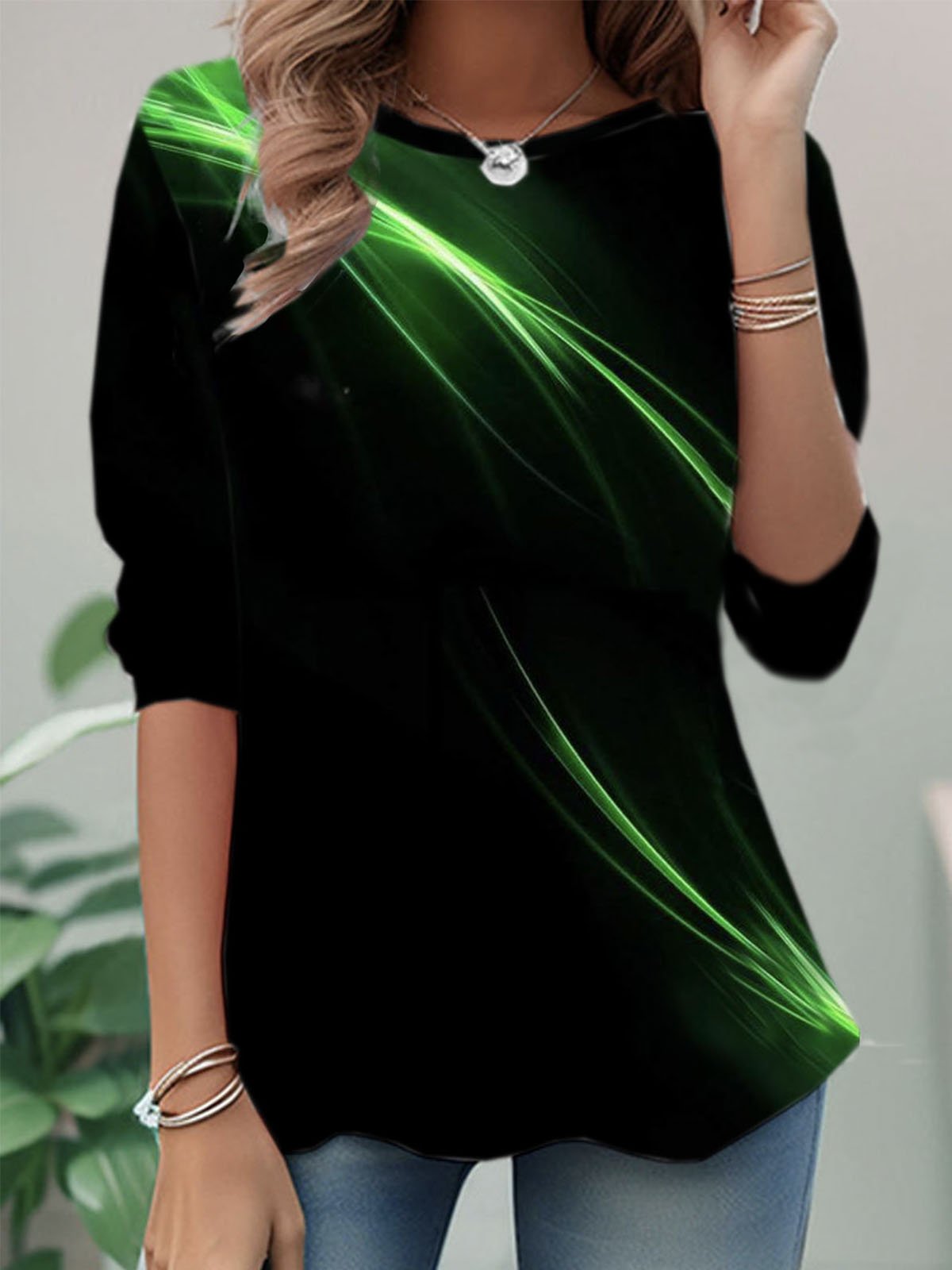 Loose Long Sleeve Crew Neck Abstract Casual Regular Blouse