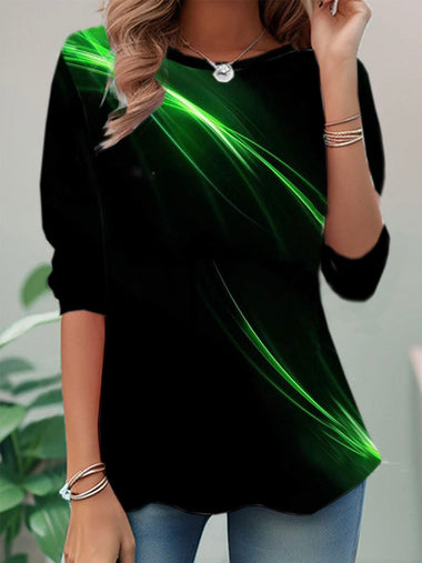 Loose Long Sleeve Crew Neck Abstract Casual Regular Blouse