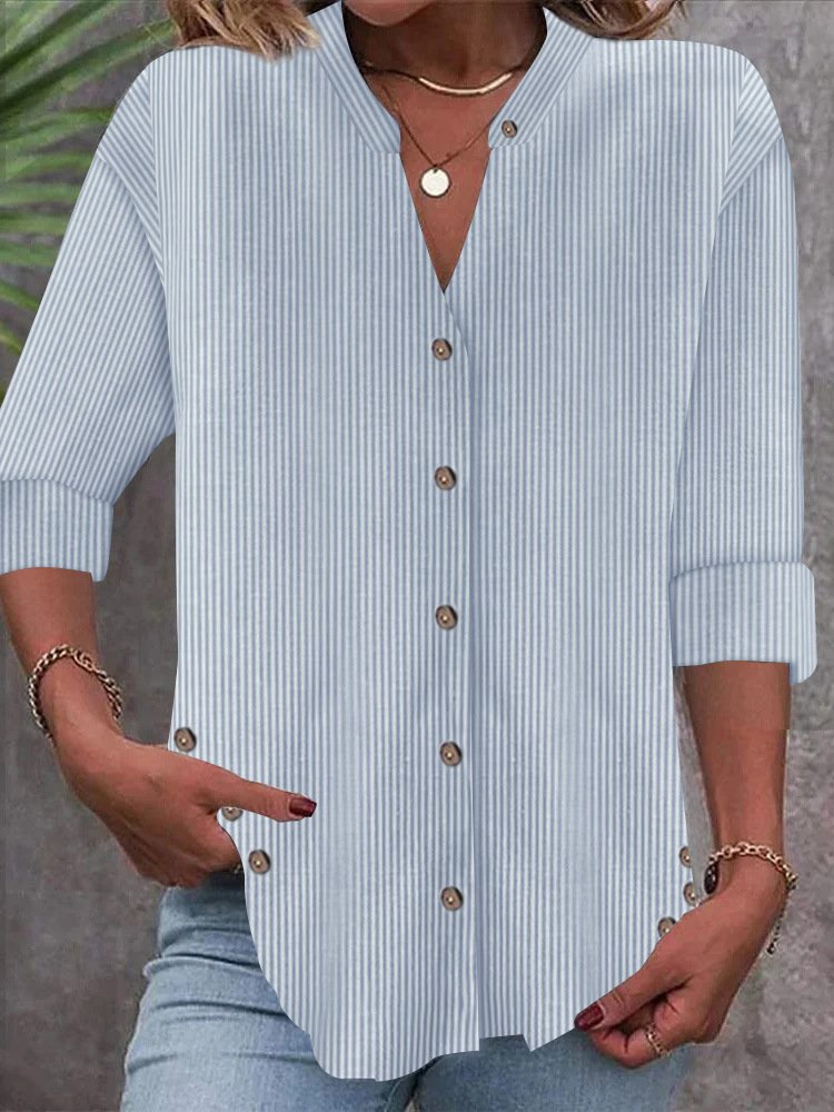 Casual Long Sleeve Notched Striped Loose Regular Shirt