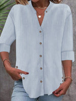Casual Long Sleeve Notched Striped Loose Regular Shirt