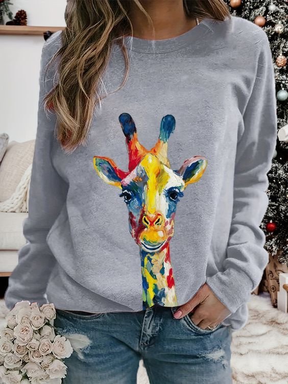 Casual Long Sleeve Crew Neck Animal Loose Regular Sweatshirt