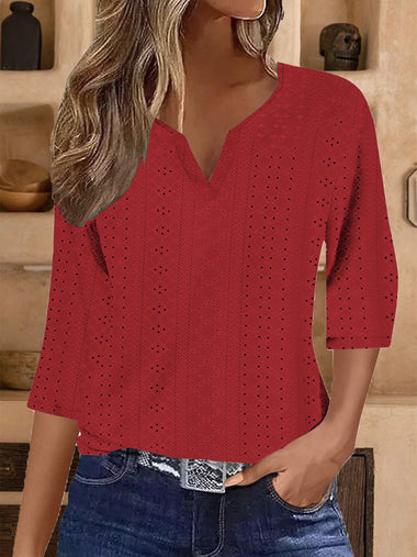 Loose Half Sleeve V Neck Plain Casual Regular Blouse