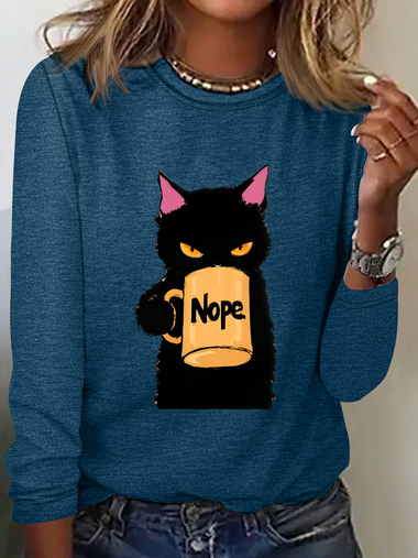 Loose Long Sleeve Crew Neck Cat Casual Regular Blouse