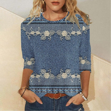 Loose Long Sleeve Crew Neck Ethnic Casual Regular T-Shirt