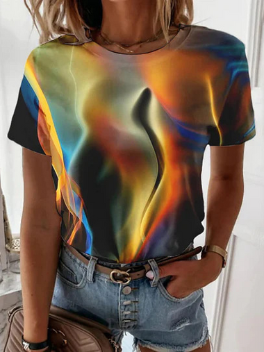 Loose Short Sleeve Crew Neck Color Block Casual Regular T-Shirt