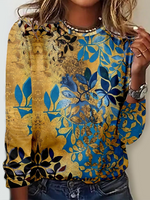 Loose Long Sleeve Crew Neck Floral Casual Regular T-Shirt