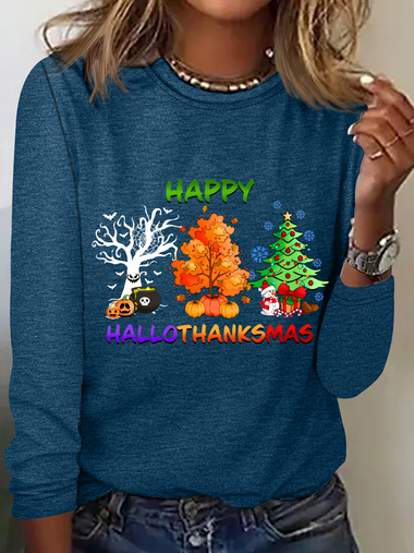 Casual Long Sleeve Crew Neck Text Letters Loose Regular Blouse