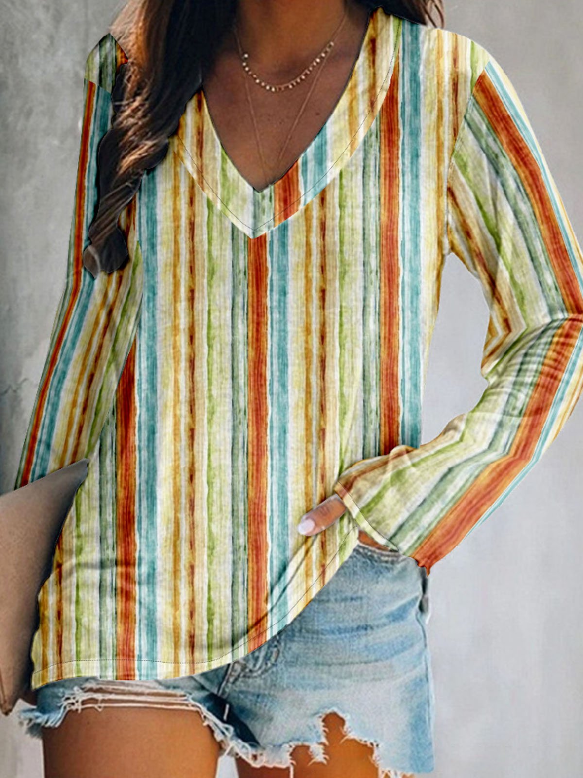 Casual Long Sleeve V Neck Striped Loose Regular T-Shirt