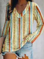Casual Long Sleeve V Neck Striped Loose Regular T-Shirt