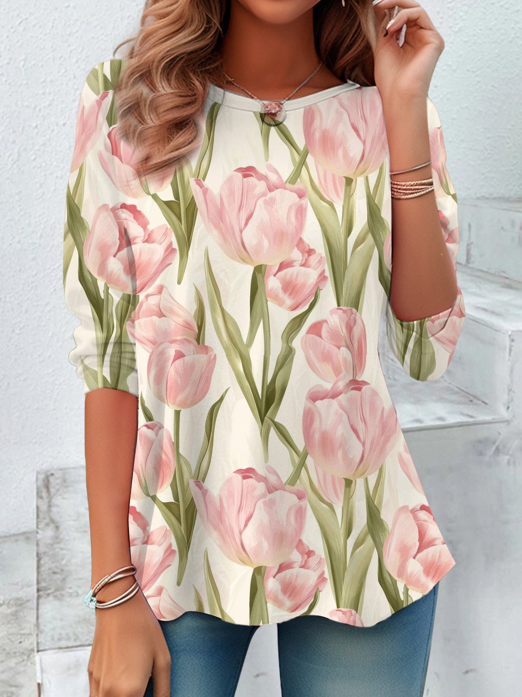 Loose Long Sleeve Crew Neck Floral Casual Regular Blouse