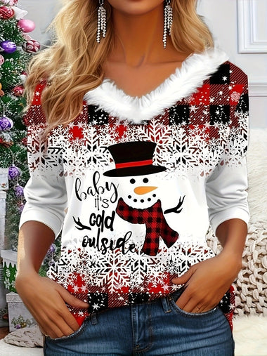Casual Long Sleeve V Neck Christmas Loose Regular Blouse