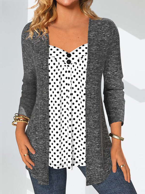 Loose Long Sleeve Stand Collar Polka Dots Casual Mid-Long Blouse
