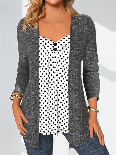 Loose Long Sleeve Stand Collar Polka Dots Casual Mid-Long Blouse