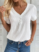 Casual Short Sleeve V Neck Plain Loose Regular Blouse